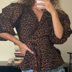 Ganni poplin leopard wrap top